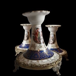 La Chateau French Faience Candlestick Holders Hand Painted Porcelain Gilt Metal
